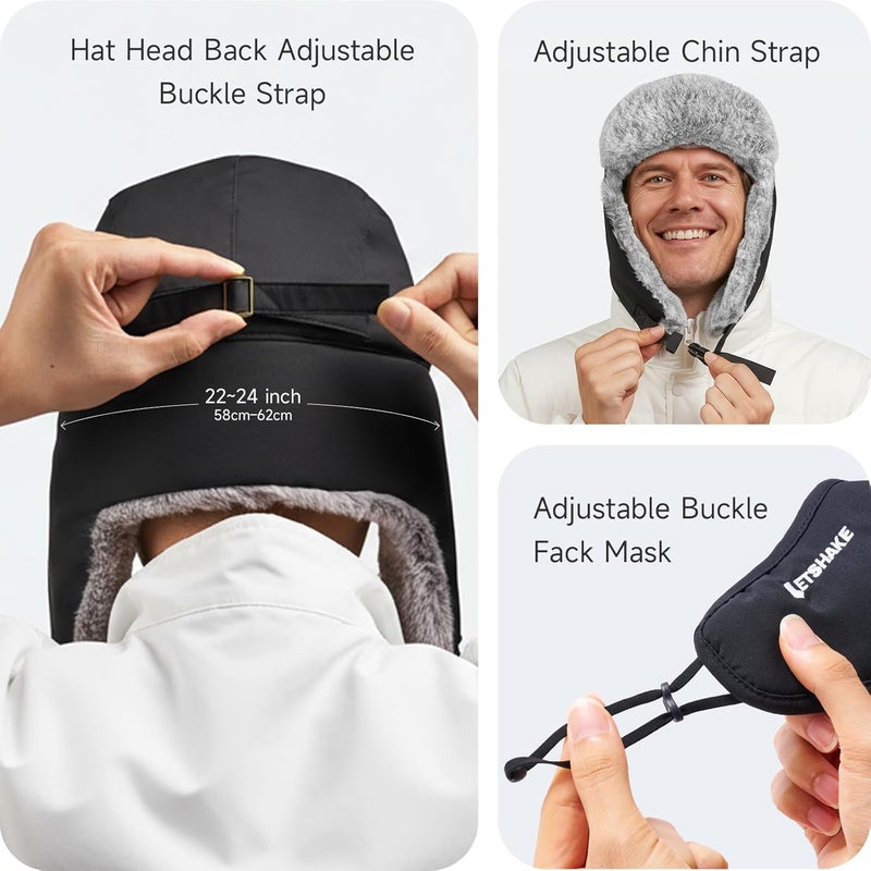 LETSHAKE Winter Trapper Hat for Men Women Extra Thick -10°F Cold Weather Bomber Hunting Hat for Outdoor Activities, Adjustable Russian Ushanka Aviator (56-62cm) Black - Image 5